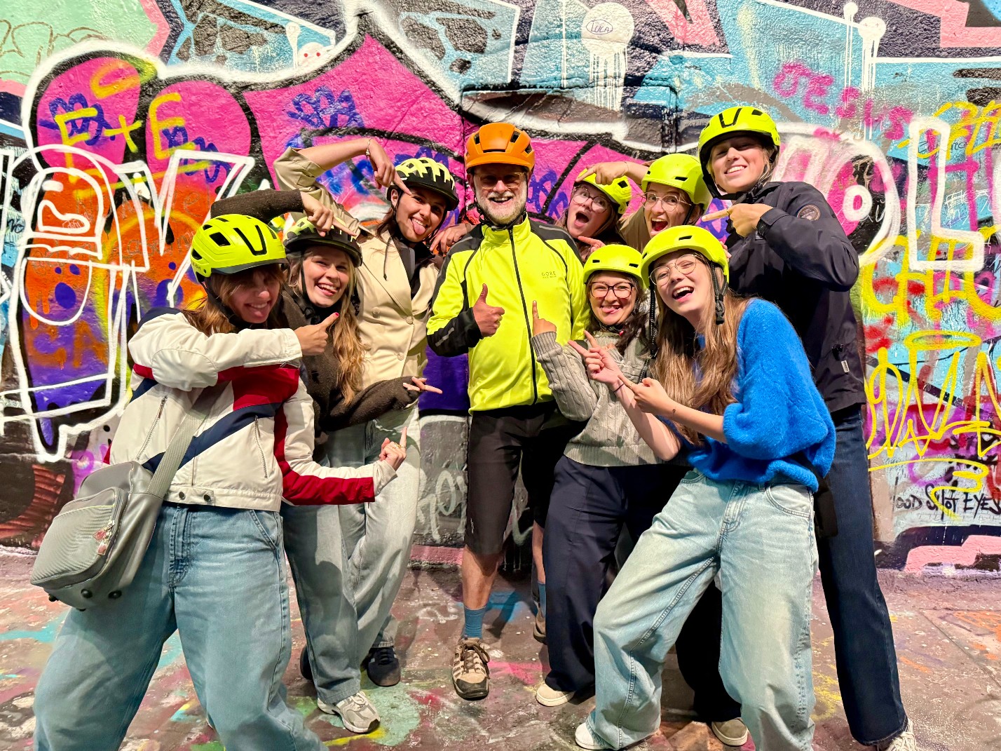 Tim with school group in the Banksy Tunnel