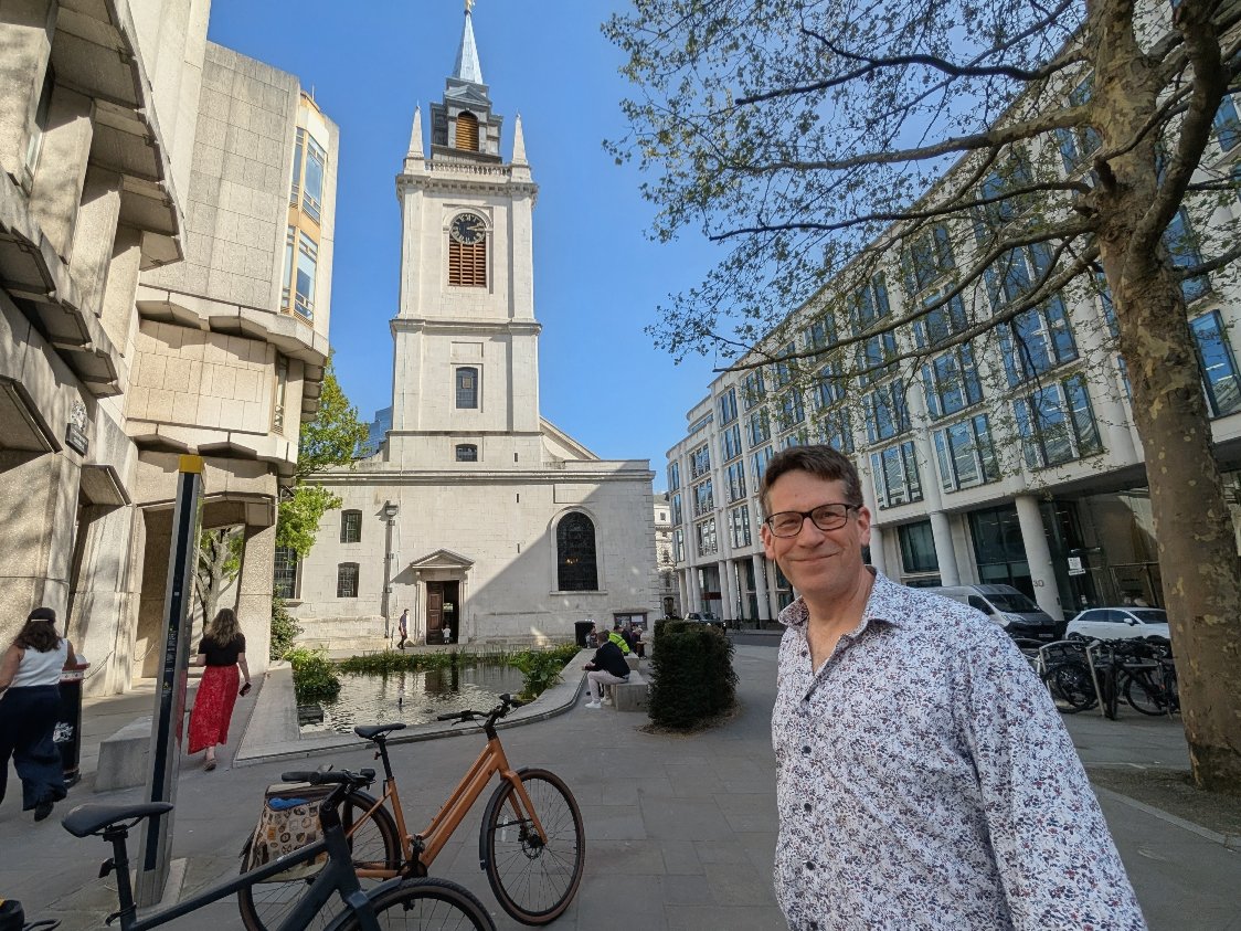 Asley in front of a church at the guild hall